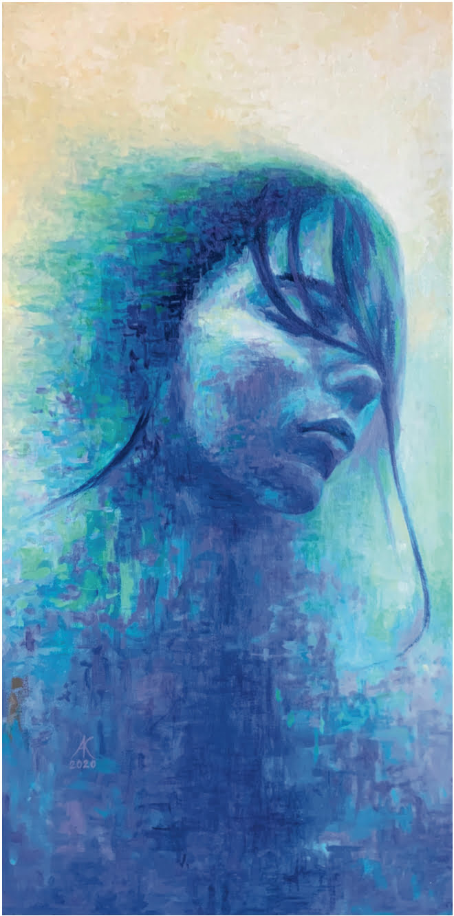 Danae dreaming of rain (Faces of Infinity), 2019. Oil/Canvas -- 60 x 30 cm