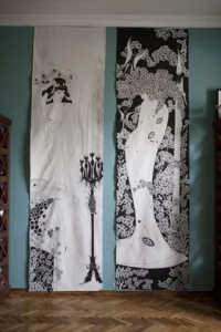 Day & Night (after A. Beardsley), 2007. Ink on raw linen, approx. 280 x 70 cm each
