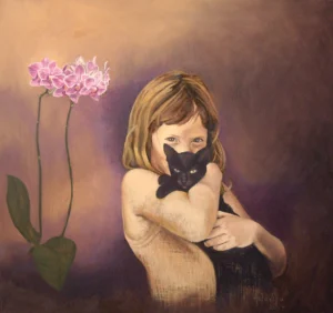 Self portrait with cat, 2007. Oil on canvas, 50 x 50 cm