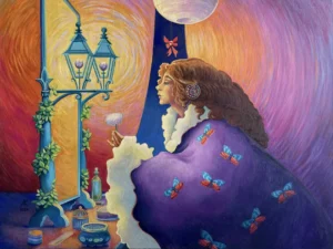 Vanity at her Mirror (after A. Beardsley), 2024. Oil on canvas, 60 x 80 cm